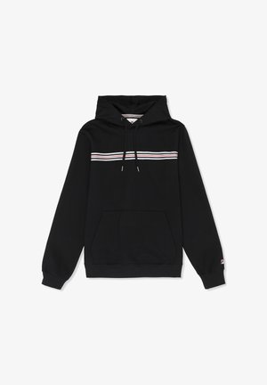 Sort hættetrøje med frontlomme, vandrette røde, hvide og blå striber over brystet, snoretræk og lille logo på venstre ærmekant.