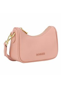 Borsa in pelle rosa con una forma strutturata, zip dorata e marchio. Presenta una tracolla removibile e una superficie liscia.