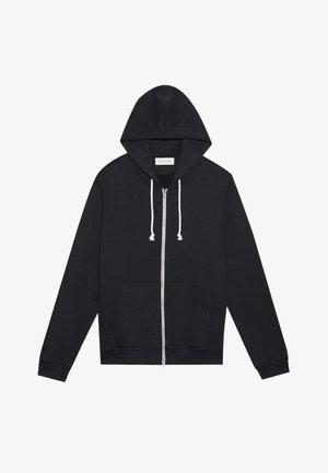 Felpa nera con zip, dotata di lacci bianchi, tasche frontali e un'etichetta del marchio "Pier One" visibile all'interno del colletto.