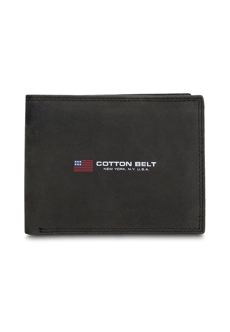 Portafoglio in pelle nera con una texture liscia. Presenta la scritta "COTTON BELT" stampata in bianco, insieme a una piccola grafica della bandiera americana.