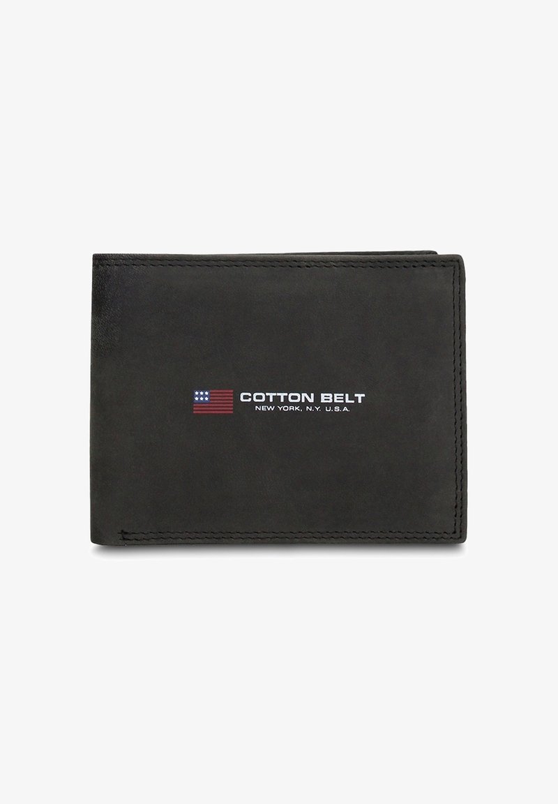 Portafoglio in pelle nera con una texture liscia. Presenta la scritta "COTTON BELT" stampata in bianco, insieme a una piccola grafica della bandiera americana.