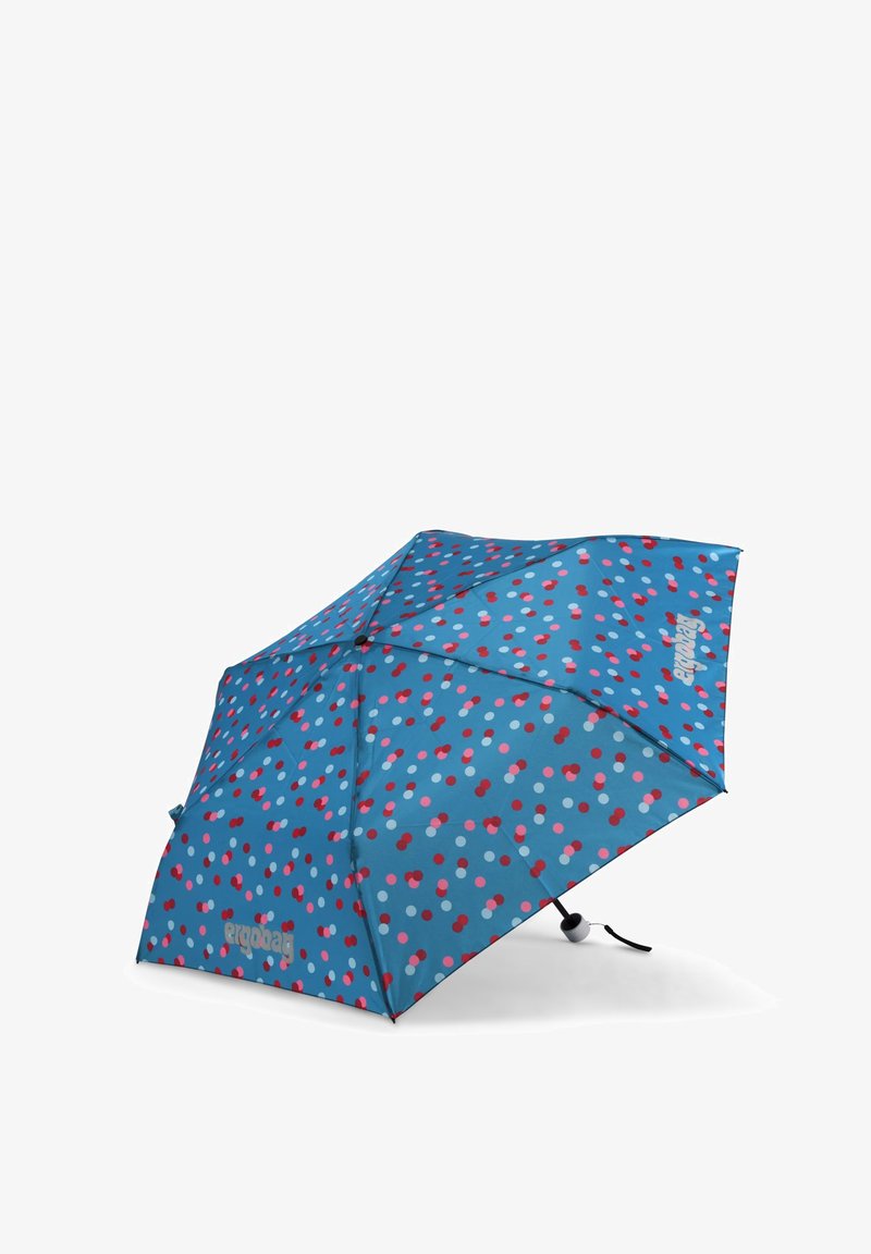 Blue umbrella with colorful polka dots in pink, red, and white; features a curved handle and a compact, foldable design.