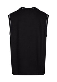 Gilet pull sans manches noir avec un passepoil blanc le long des emmanchures et de l'encolure, vu de dos.