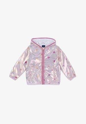 Průhledná dešťová bunda s růžovými puntíky, zipem vpředu a kapucí. Obsahuje elastické manžety a kontrastní růžové lemování s lehkou texturou.