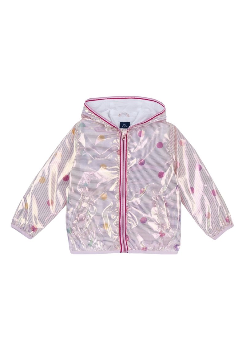 Transparent regnjacka med rosa prickar, dragkedja fram och huva. Har elastiska ärmslut och en kontrasterande rosa kant, med en lätt textur.