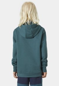 Chłodna bluza z kapturem w kolorze teal z długimi rękawami, prążkowanymi mankietami i dolnym wykończeniem. Gładka tekstura, brak widocznych logo lub wzorów, widok z tyłu.