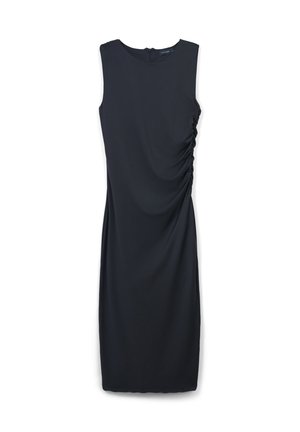 Abito midi senza maniche di colore nero con scollatura rotonda e arricciature laterali, chiusura con cerniera sul retro.
