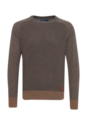 Maglione marrone lavorato a maglia con scollatura rotonda, polsini e orlo a coste. Presenta una fascia inferiore di un marrone più chiaro in contrasto e un piccolo’etichetta del marchio.