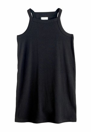 Black ribbed sleeveless tank top with square neckline and double shoulder straps, laid flat on white background.