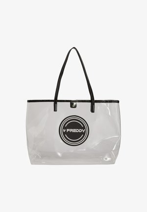 Sac fourre-tout en PVC transparent avec des poignées et des bordures noires. Présente un logo circulaire noir bien en vue. Design rectangulaire spacieux.