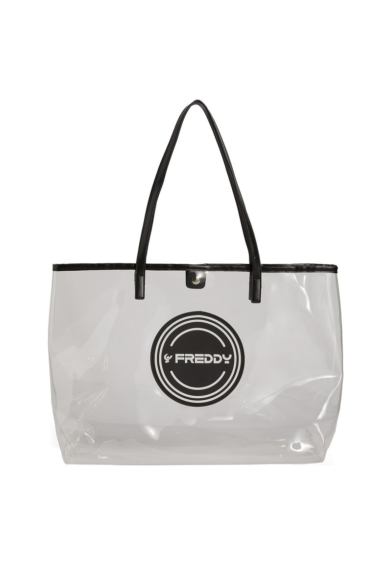Borsa tote in PVC trasparente con manici e rifiniture nere. Presenta un grande logo circolare nero. Design rettangolare spazioso.