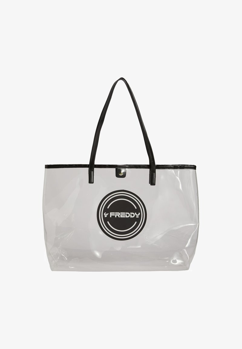 Borsa tote in PVC trasparente con manici e rifiniture nere. Presenta un grande logo circolare nero. Design rettangolare spazioso.