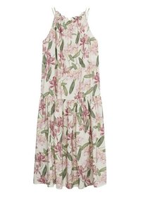 Kwiatowa sukienka z bawełny na cienkich ramiączkach, z falbaniastego dołu i jasnym kolorem tła, ozdobiona różowymi i zielonymi kwiatami oraz liśćmi.