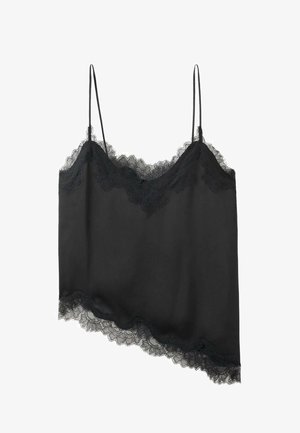 Czarna satynowa koszulka na cienkich regulowanych ramiączkach, z koronkowym wykończeniem o falowanym kształcie wzdłuż dekoltu i dołu, asymetryczny krój.