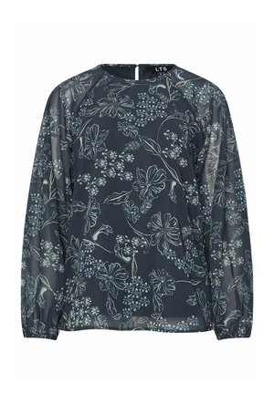 Marineblaue, transparente Bluse mit langen Ärmeln, floralem Muster in Hellblau und Beige, rundem Ausschnitt und elastischen Bündchen.