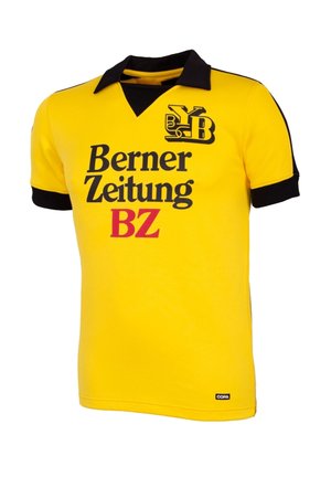 Geel voetbalshirt met korte mouwen, voorzien van een zwarte kraag en manchetten, met het logo "Berner Zeitung BZ" in zwarte tekst op de voorkant.