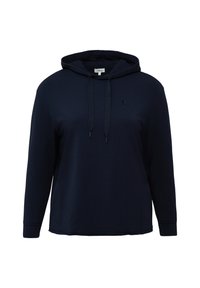 Navyblauer Hoodie mit langen Ärmeln, Kordelzügen, einem kleinen Brustlogo und einer lockeren Passform auf einem schlichten weißen Hintergrund.