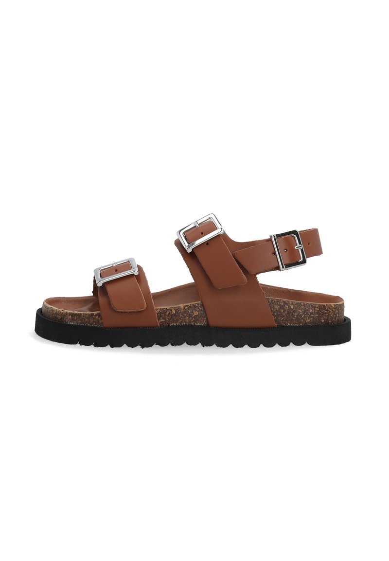 Braune Leder-Sandalen mit zwei verstellbaren Schnallen, Korkfußbett, schwarzer Gummiaußensohle und konturiertem Design für zusätzlichen Komfort.