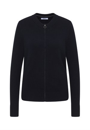 Marineblauwe gebreide trui met een ronde halslijn, volledige rits, geribbelde manchetten en zoom. Heeft een gladde textuur en een minimalistisch design.