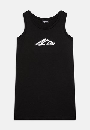 Schwarzes ärmelloses Tanktop mit weißem "DSQUARED2 ICON" Logo in der Mitte der Brust, geeignet für legere Kleidung.