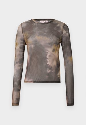 Dlhý rukáv, priliehavá sieťová blúzka s mramorovým vzorom v šedej, žltej a tlmených odtieňoch; okrúhly výstrih a minimálne detaily švov.