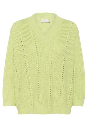 Pull tricoté vert clair avec col en V et motif vertical ajouré, poignets et bas côtelés, manches longues, taille moyenne.