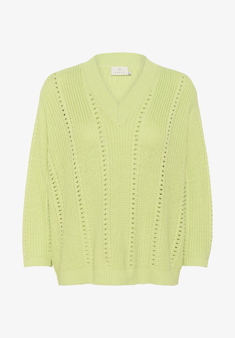 Pull tricoté vert clair avec col en V et motif vertical ajouré, poignets et bas côtelés, manches longues, taille moyenne.