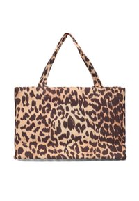 Sac fourre-tout en tissu à motif léopard, de forme rectangulaire, en marron foncé et beige, équipé de deux poignées robustes.