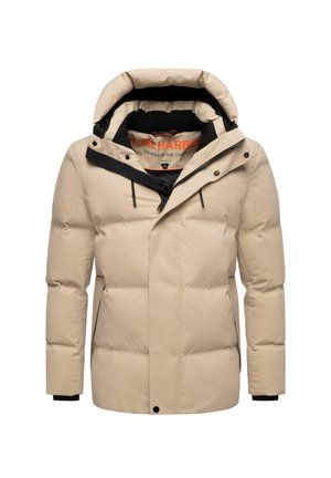 Beige pufferjack met een gestructureerde capuchon, voorzien van zwarte accenten, een ritssluiting, drukknoopjes en een doorgestikte textuur over de hele jas.
