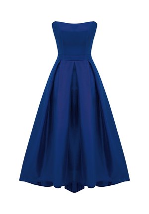 Wieczorowa sukienka bez ramiączek w kolorze królewskiego błękitu, wykonana z satyny, z dopasowanym gorsetem, zarysowaną talią i pełną, plisowaną spódnicą.