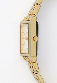 Orologio rettangolare in tono oro con quadrante trasparente. Presenta numeri romani e un design a bracciale a maglie. Finitura metallica liscia e dettagli elaborati.