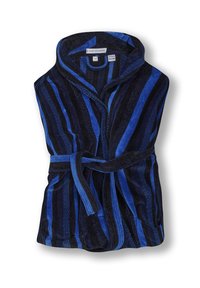 Blue and black striped bathrobe made of plush fabric, featuring a shawl collar, belted waist, and two front pockets.