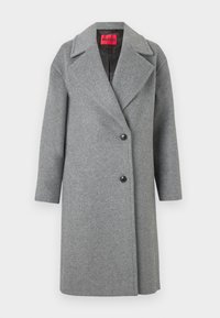 Cappotto grigio in lana con rever a punta, design doppiopetto e due bottoni frontali. Presenta maniche lunghe e una texture liscia.