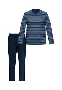 Gestreiftes Langarmshirt in Blau- und Grüntönen mit V-Ausschnitt, kombiniert mit navyblauen Jogginghosen mit Kordelzug. Weicher Stoff, lockere Passform.