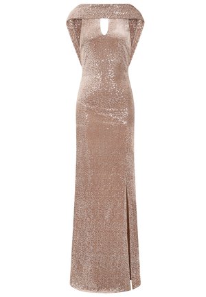 Mirdzoša rozā zelta kleita ar pieguļošu siluetu, ar plecus atklājošu dizainu, atslēgas formas izgriezumu un sānu šķēlumu. Visā kleitā ir mirdzoša tekstūra.