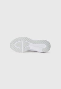 White sneaker sole with textured rubber surface, featuring a grid pattern and a curved design for traction and support.