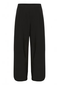 Black wide-leg trousers with a smooth fabric, featuring pleats at the front and a straight hem. Minimal hardware details.