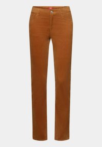Pantalon en velours côtelé marron à jambes droites avec poches avant, fermeture à boutons et passants de ceinture, présenté sur un fond uni.