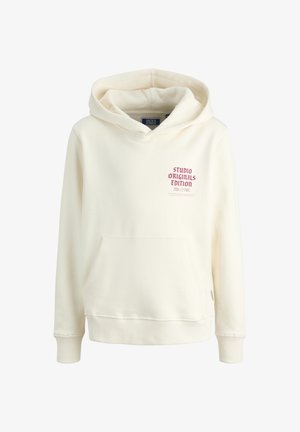 Sudadera color crema hecha de una tela suave, con un bolsillo canguro y un gráfico frontal que dice "EDICIÓN ORIGINAL DE ESTUDIO".