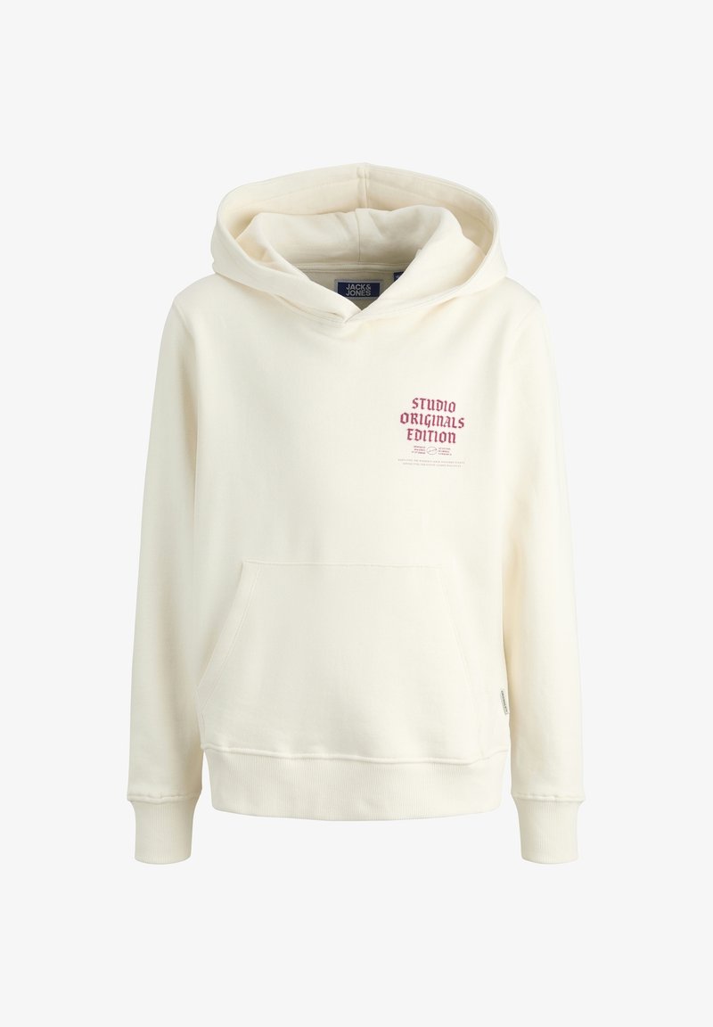 Kremno jopič iz mehkega materiala, ki ima kenguru žep in sprednji grafični napis "STUDIO ORIGINALS EDITION."