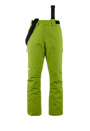 Pantaloni da neve verdi con una superficie liscia, dotati di una tracolla nera regolabile, tasche laterali e un logo sulla coscia.