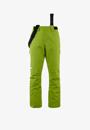 Pantaloni da neve verdi con una superficie liscia, dotati di una tracolla nera regolabile, tasche laterali e un logo sulla coscia.
