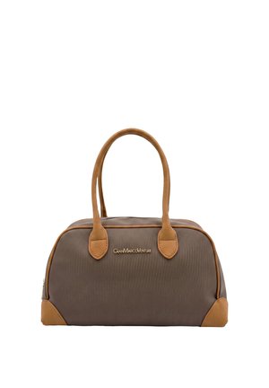 Borsa a mano rettangolare marrone con manici e angoli in pelle color cuoio, con un logo del marchio dorato al centro davanti.
