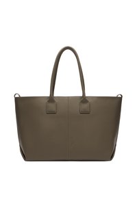 Torebka tote w oliwkowej zieleni ze skóry, z dwiema płaskimi rączkami, prostokątnym kształtem, minimalistycznym designem oraz widocznym przeszyciem wzdłuż brzegów.