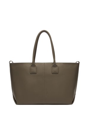 Torebka tote w oliwkowej zieleni ze skóry, z dwiema płaskimi rączkami, prostokątnym kształtem, minimalistycznym designem oraz widocznym przeszyciem wzdłuż brzegów.