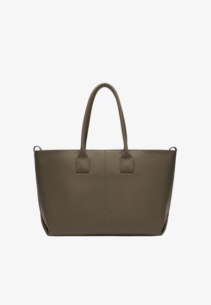 Olive green leather tote bag with two flat handles, rectangular shape, minimalistic design, and visible stitching along the edges.