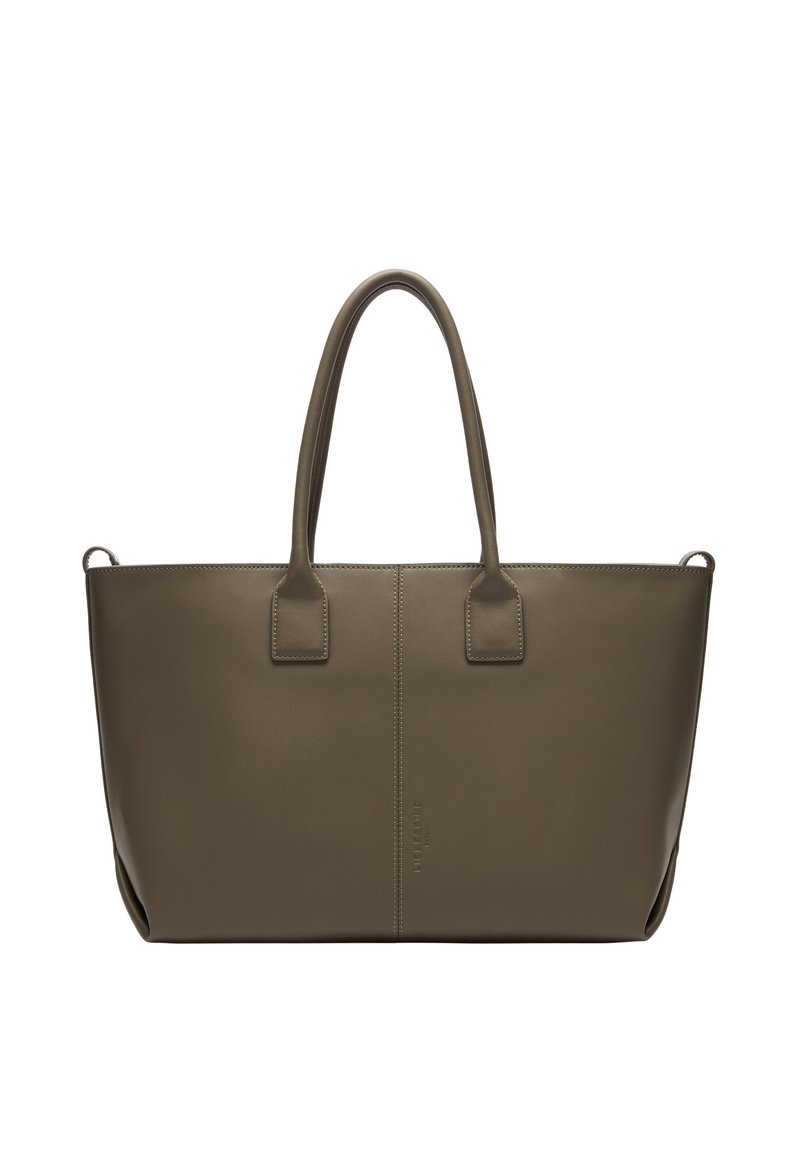 Torebka tote w oliwkowej zieleni ze skóry, z dwiema płaskimi rączkami, prostokątnym kształtem, minimalistycznym designem oraz widocznym przeszyciem wzdłuż brzegów.