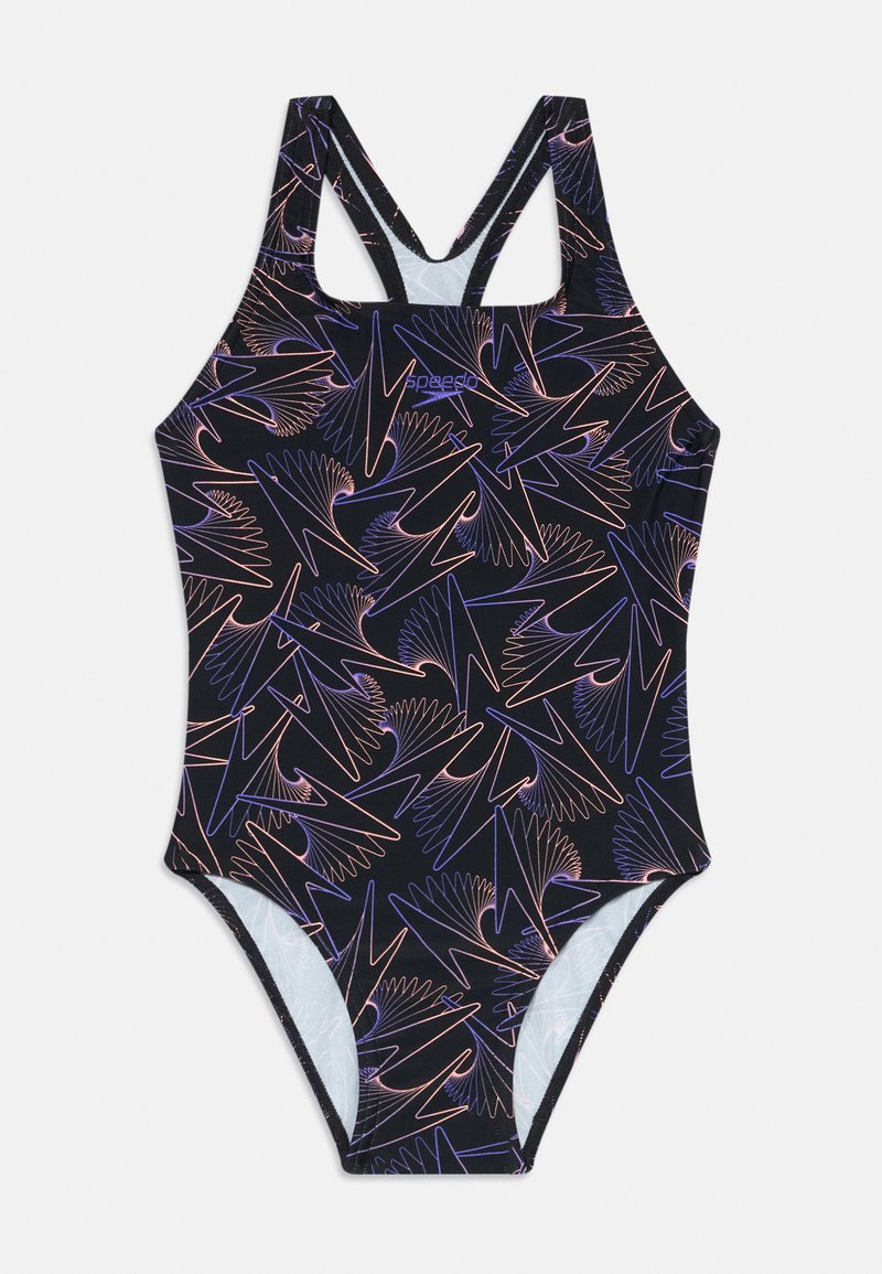 Maillot de bain noir avec des motifs de plumes abstraites colorées en violet et orange. Présente un design sportif avec des bretelles croisées dans le dos.