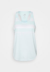 Ljusblå atletisk linne med horisontella vita ränder, rundad halsringning och avslappnad passform. Tillverkat av ventilerande tyg.