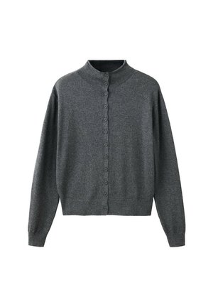 Dark gray button-up cardigan with long sleeves and a short stand-up collar, made of soft knit fabric.
